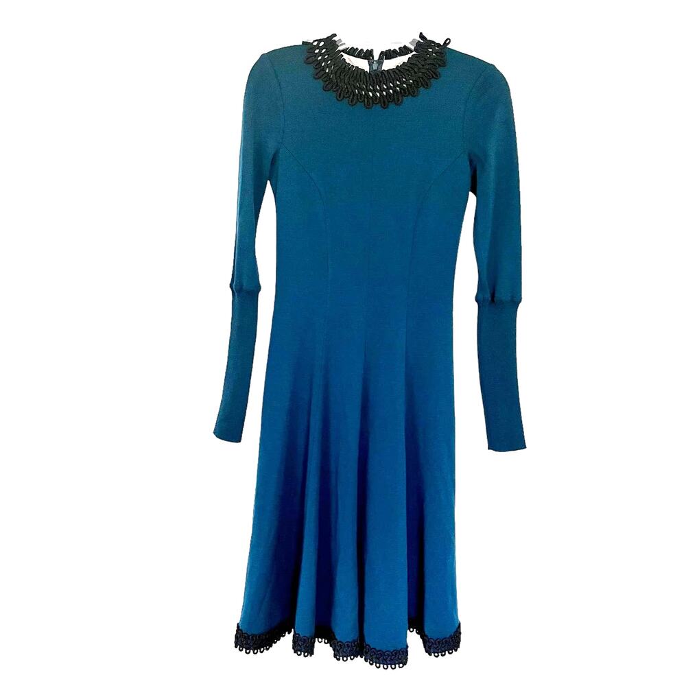 Andrew GN Embroidered  Rope Trim Fit & Flare Dress Green Size 36/ US 4